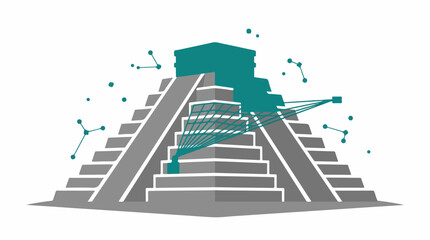 Obraz premium Flat vector art of a Mayan pyramid ruin being scanned by a teal AI grid. The top section of the temple is shown as a solid teal silhouette overlaying the gray ruins. Minimalist data nodes float
