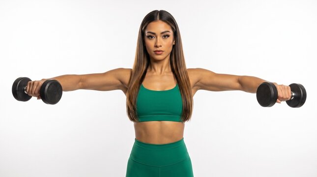 Fit athletic woman performing dumbbell lateral raise on white background.