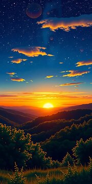 Pixelated sunset painting over rolling hills and lush green trees under a starry sky, grass, clouds
