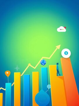 An illustration of a goal-oriented result graph with vectors and icons representing progress, progress, vector