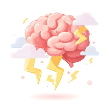 Cartoon Human Brain Concept with Stormy Clouds and Lightning Bolts