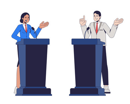 Political candidates debating at podiums 2D vector illustration. Opposing sides. Public discussion. Rival speakers exchanging arguments flat characters isolated on white. Colorful cartoon image
