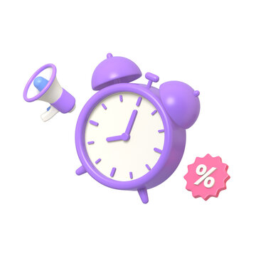 3D Rendered Purple Alarm Clock Megaphone and Percentage Tag Illustrating Timely Announcements and Limited-Time Discounts.3d render