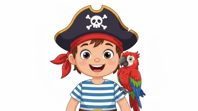 Cute Cartoon Pirate Boy with a Colorful Parrot Perched on His Shoulder Isolated on White