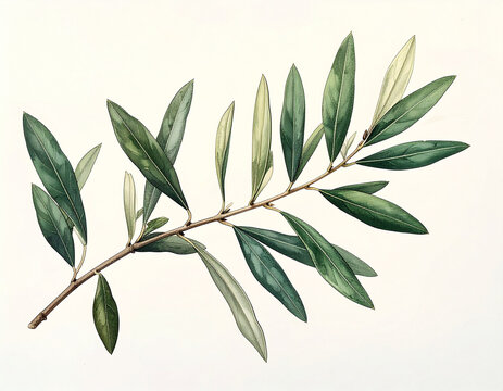 Olive branch with slender leaves botanical drawing