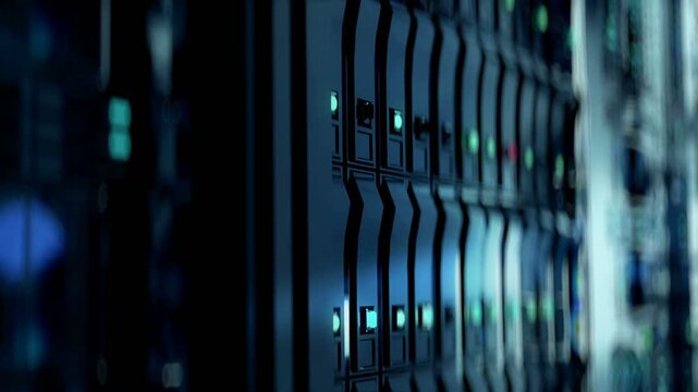 Macro close up of data center server rack with spinning cooling fans and blinking blue neon led lights. Moving forward loop animation of futuristic mainframe supercomputer hardware for cloud tech.