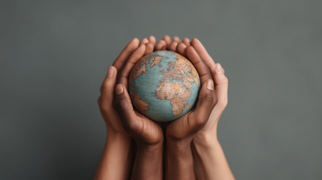 Two pairs of hands, one dark-skinned and one light-skinned, gently hold a small globe symbolizing unity and care for the Earth.