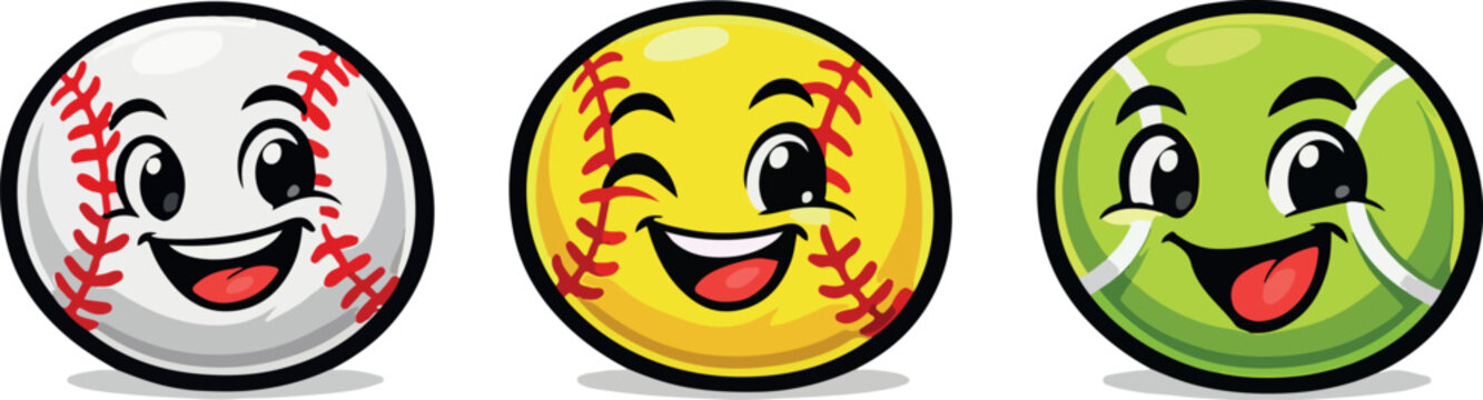PrintCute Baseball, Softball and Tennis Ball Cartoon Character Set with Funny Faces &ndash; Sports Vector Illustration