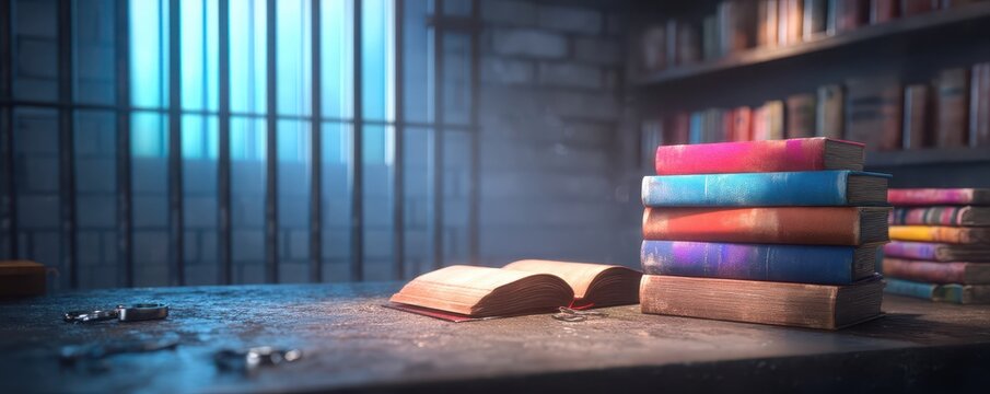 A dimly lit prison library with books stacked on a table, an open book, and prison bars visible in the background.