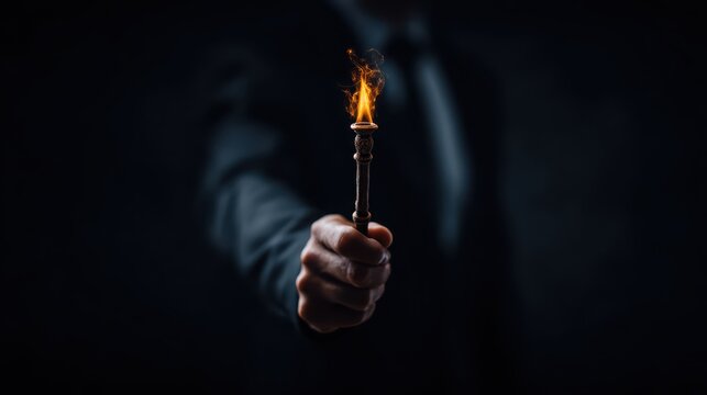 A hand holding a lit torch with a bright flame in a dark setting, symbolizing light, guidance, or discovery.