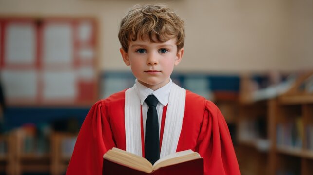 A young boy in formal judicial robes holds an open book, standing confidently in a courtroom setting.