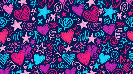 Fototapeta premium Seamless pattern with handdrawn hearts and stars in vibrant crayon style on a dark blue background, perfect for wrapping paper or textile design