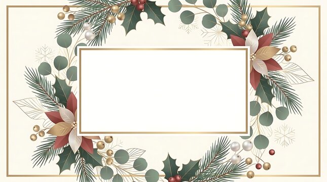 Christmas holiday border with poinsettias and pine branches.