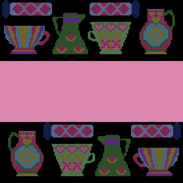 Cross stitch embroidery pattern.Tea cup set with abstract geometric background with smooth curves in brown, pink, and purple tones, vector illustration.