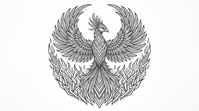 Geometric phoenix bird illustration, mythical fire creature line art on white background.