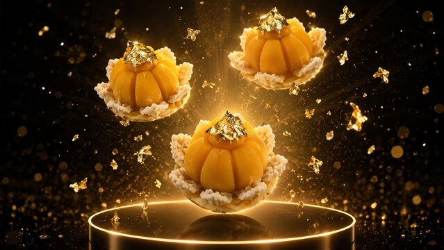 Floating Thong Ek Thai Desserts with Edible Gold and Dramatic Golden Light