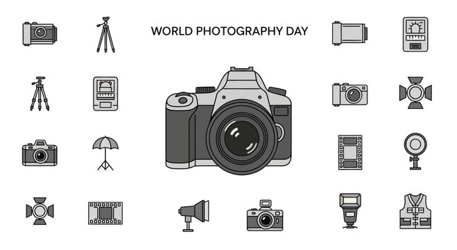 Photography Icons Set: Camera, Tripod, Flash, Film, Vest - Isolated