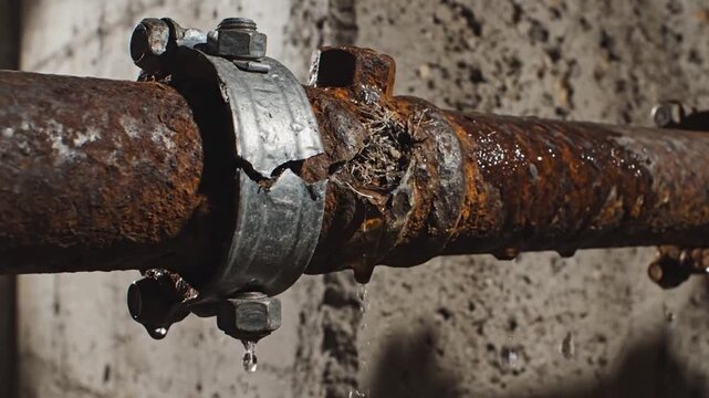 Rusty pipe leaks water at corroded joint, dripping steadily against concrete wall. Metal clamp and bolts hold worn section while sunlight highlights wet texture and damage on industrial plumbing.
