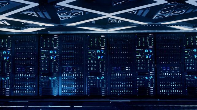 Data center server room racks with flashing blue led lights, cinematic macro tracking shot from left to right of futuristic cloud computing hardware database mainframe supercomputer 3d render loop