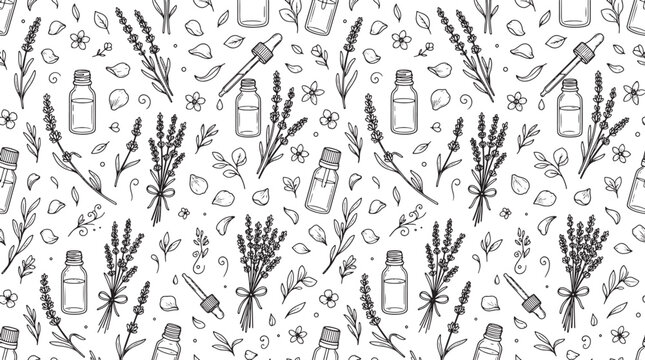 Hand drawn lavender flowers and essential oil bottles seamless pattern in black and white line art style