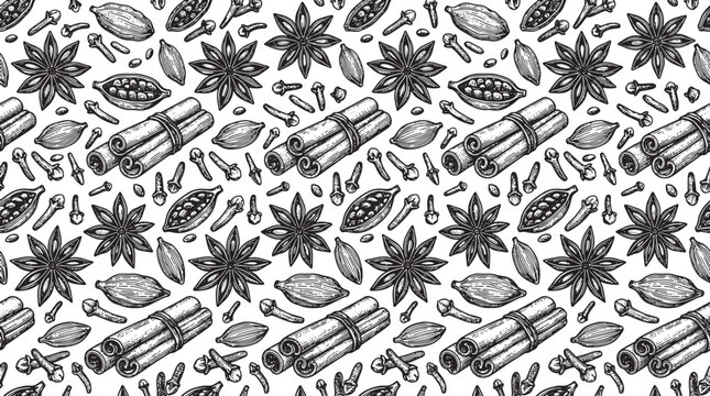 Seamless pattern of hand drawn spices including cinnamon sticks star anise cloves and cardamom pods vector illustration