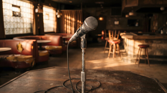 A vintage dynamic microphone stands on a wooden stage inside an empty bar or jazz club, illuminated by warm afternoon sunlight filtering through operating system. The background features blurred ba...