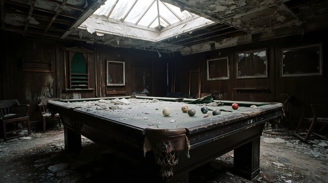 A dusty, abandoned billiard hall features a ruined pool table scattered with balls and plaster debris. Natural light streams through a broken skylight, highlighting the peeling paint, decayed wood...
