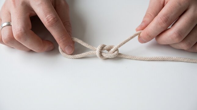 Hands tying a knot in a white cord on a clean surface for DIY craft and rope projects
