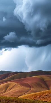 Gigantic storm cloud looms over rolling hills, heavy rain wall approaching, misty, weather