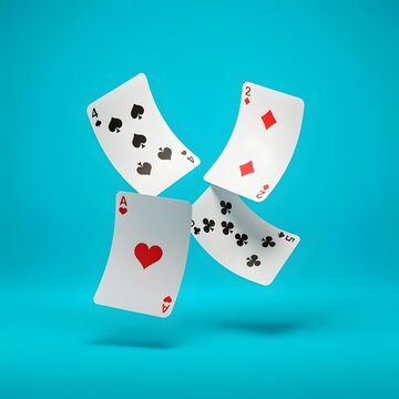 Flying playing cards in motion. Ace of hearts four of spades two of diamonds and five of clubs floating on a turquoise blue background