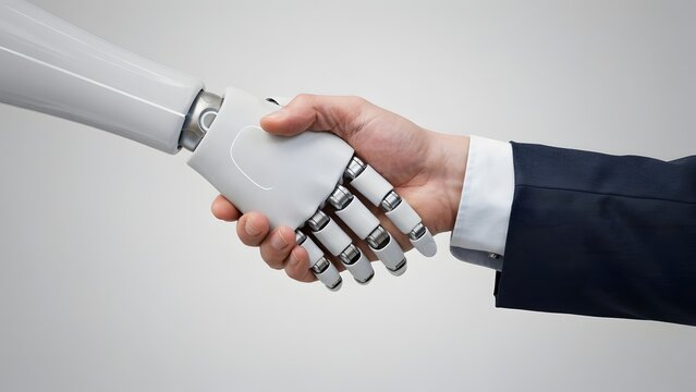 Human and robot handshake concept. White robotic hand shaking hands with businessman in suit. Artificial intelligence partnership and collaboration