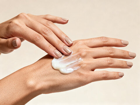 Female hands applying smooth cosmetic cream in studio