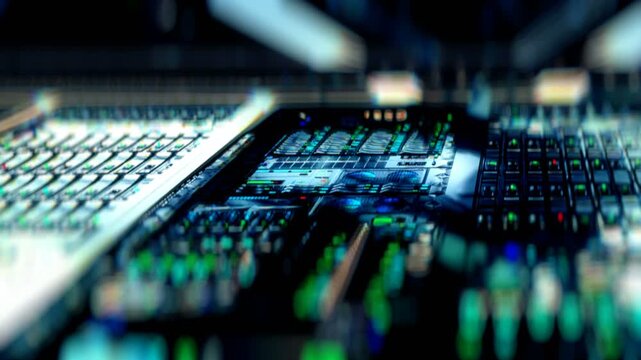 Macro close up of data center server room racks with blinking green led lights. Horizontal camera panning movement to the right loop animation of futuristic mainframe supercomputer for cloud tech.