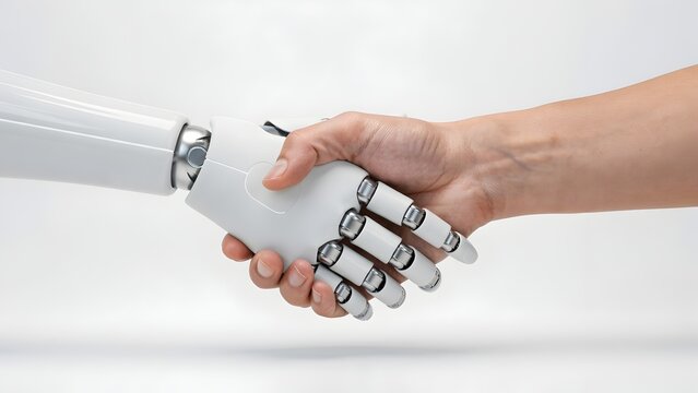 Human and robot handshake concept. White mechanical cyborg hand shaking hands with a person. Future of artificial intelligence and human cooperation
