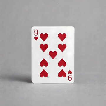 Nine of Hearts playing card on gray background. Red suit nine card isolated. Minimalist gambling and poker concept. Single card for casino games