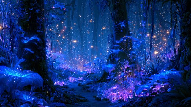 Bioluminescent flora glowing in deep blue and violet tones. cinematic light diffusion. golden floating particles. digital painting