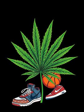 A hand-drawn cannabis leaf with a basketball and sneakers, vector, clipart