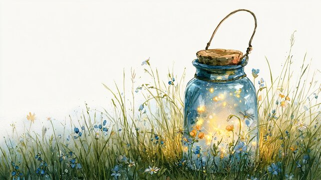 Glass lantern resting in high grass. filled with glowing fireflies and spring flowers. ethereal meadow. whimsical watercolor. soft lighting
