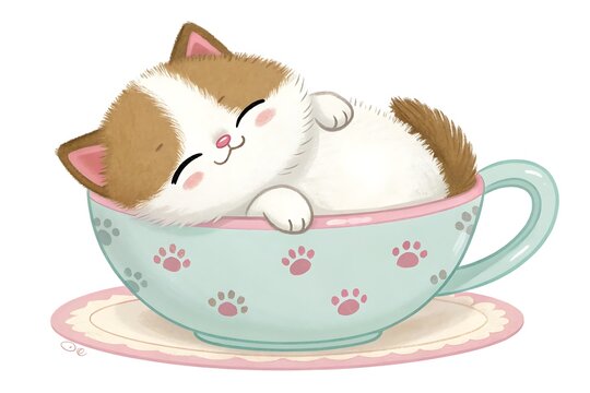 Cute cartoon cat drinking tea from a decorative teacup