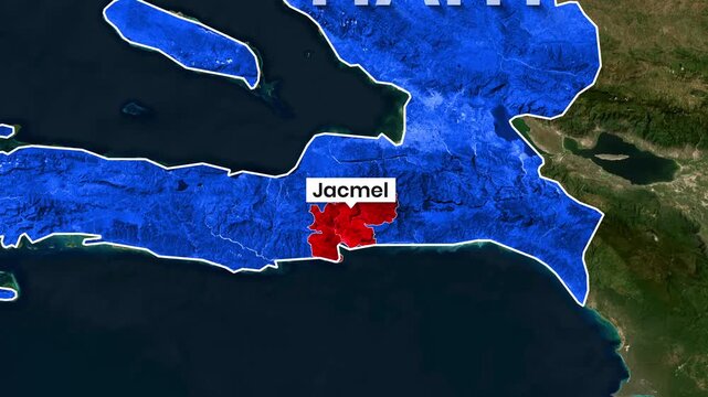 Animated map video clip highlighting the Jacmel area in Haiti's blue region