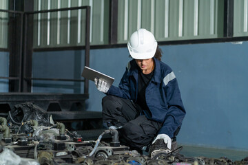 Technician wearing hardhat kneeling and using digital tablet to inspect machine parts on factory floor. © wanakit