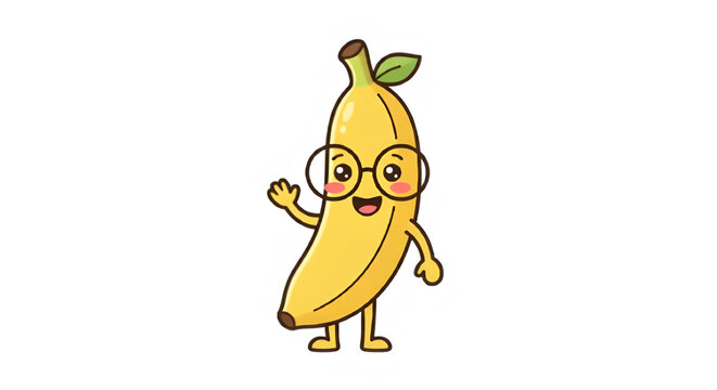 Cute kawaii banana character wearing round glasses and waving vector illustration