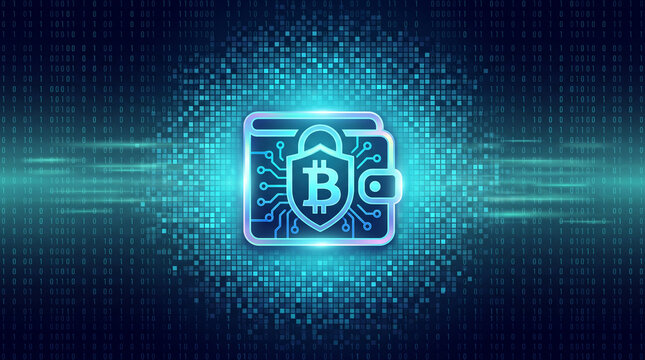Secure digital wallet icon with cryptocurrency symbol inside digital binary background with graphic appears centrally background glowing lines against binary code Encrypted Data