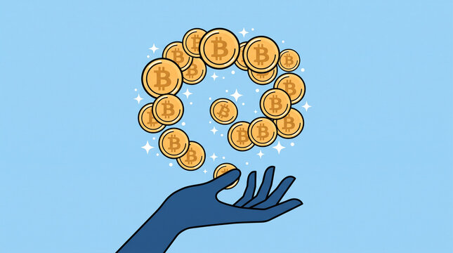 Hand receiving floating digital currency coins in glowing circular formation against light blue sky with Best Crypto Buy Now Virtual financial illustration reaches upward collect