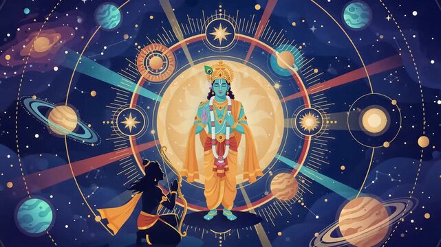 Lord Krishna and Arjuna Bhagavad Gita Cosmic Illustration