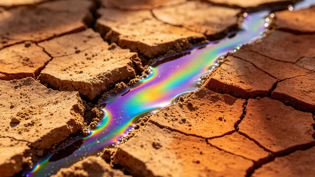 Iridescent Oil Slick Stream Flowing Through Cracked Dry Arid Soil
