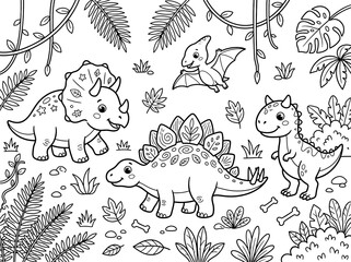 Obraz premium Cute cartoon dinosaur coloring page for kids with triceratops, stegosaurus, and pterodactyl