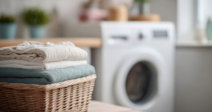 Folded towels in laundry basket with washing machine