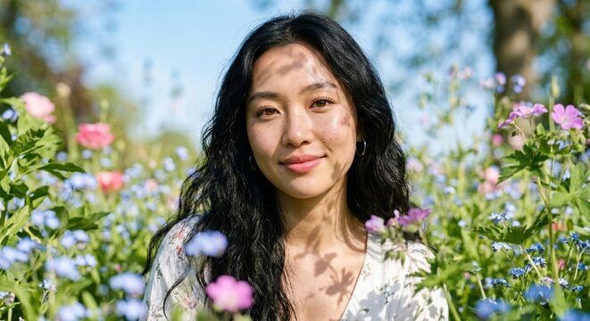 Portrait of a beautiful young Asian woman smiling in a spring field of blooming wildflowers