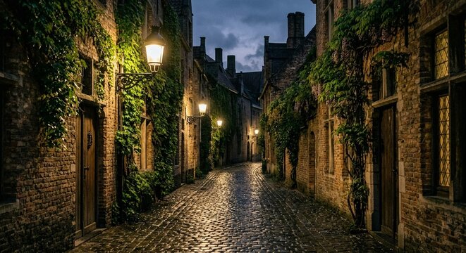 Cozy European cobblestone street at night illuminated by warm vintage street lamps
